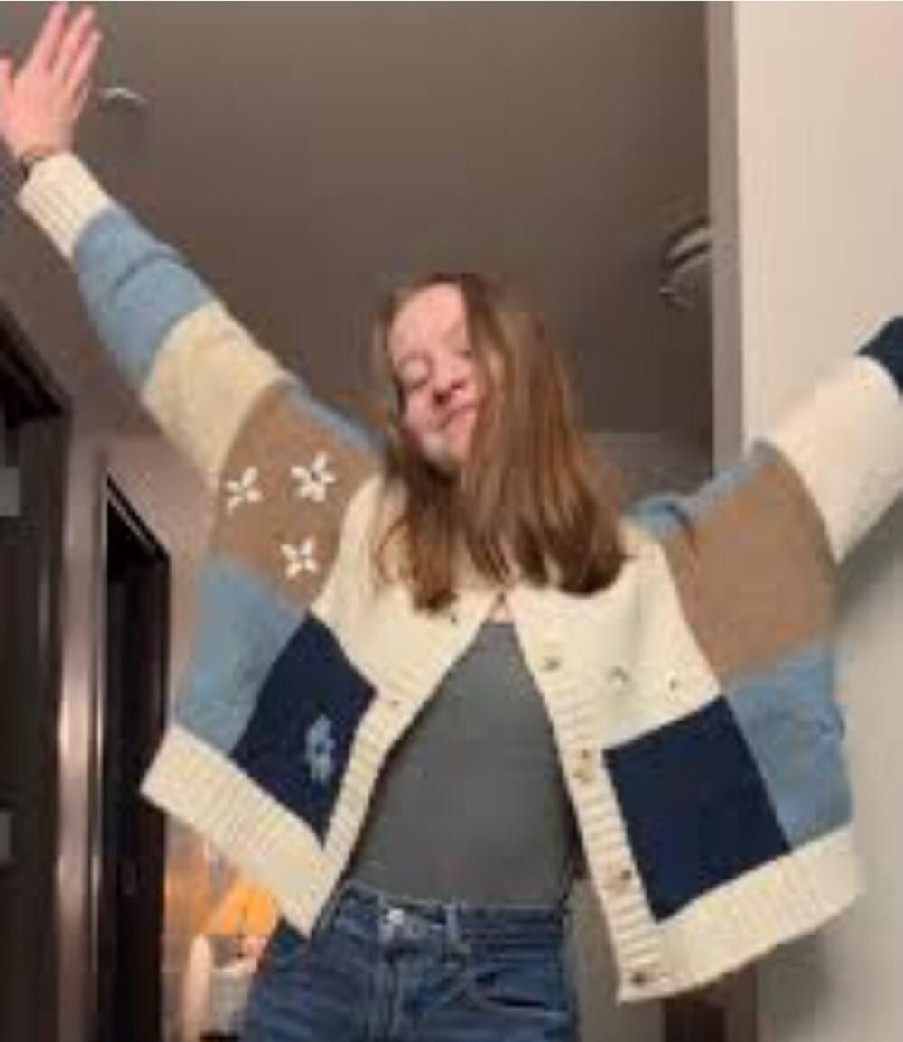 Luna Ivy Womens Blue Beige Crew Neck Long Sleeves Flower Cardigan Sweater Size L